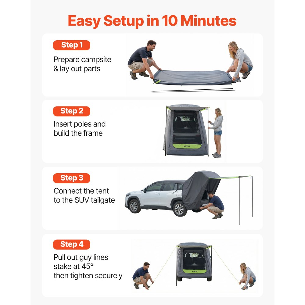 VEVOR SUV Tent with Shade Awning, All-Season SUV Tailgate Tent, PU2000mm Waterproof Car Rear Hatch Camping Tents, Portable Sun Shade Tailgate Shelter with Carrying Bag for Outdoor Hiking