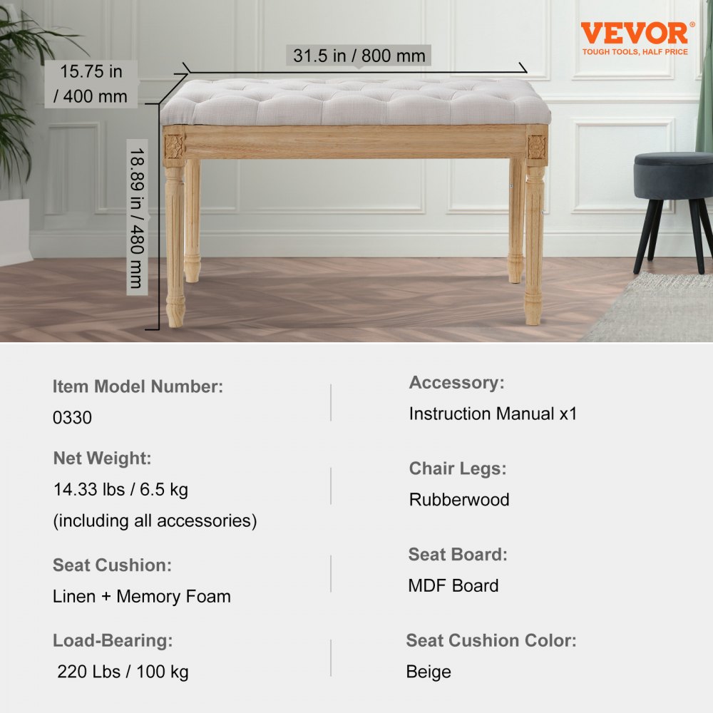 VEVOR Polsterbank Schminktisch 80 x 40 x 48 cm, Rechteckige Schminkbank, Beinen aus Gummibaumholz, Bettbank, Flurbank, Hockerbank Eingangsbank für Esszimmer, Wohnzimmer, Schlafzimmer, Flur, Beige