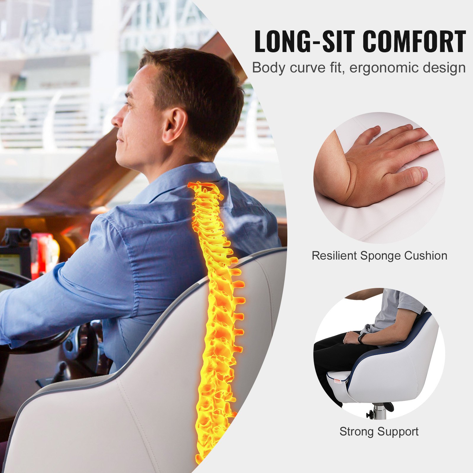 VEVOR Captain's Shell Seat, Pontoon Boat Seat with Thickened Sponge Padding, Boat Captain's Chair for Fishing Boat, Excursion Boat, Speedboat, Canoe, 1-Piece