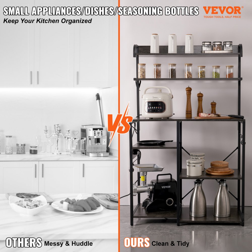 VEVOR Küchenregale Standregal 900 x 400 x 1460 mm, Küchen Bäckerregal 7-stockiges Mikrowellenregal, 99,79 kg Belastbar Gewürzregale mit 8 Haken Küchenregal Industrie-Design Eingebaute Steckdose