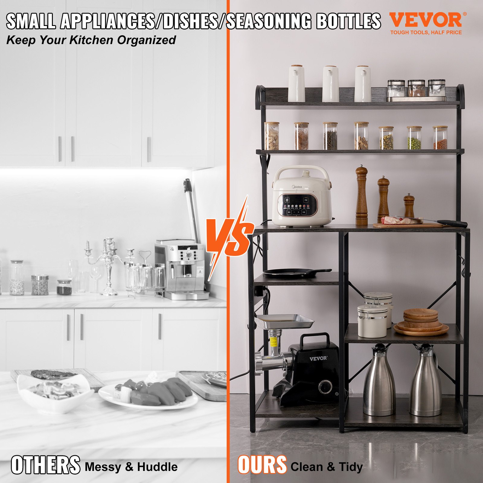 VEVOR Küchenregale Standregal 900 x 400 x 1460 mm, Küchen Bäckerregal 7-stockiges Mikrowellenregal, 99,79 kg Belastbar Gewürzregale mit 8 Haken Küchenregal Industrie-Design Eingebaute Steckdose