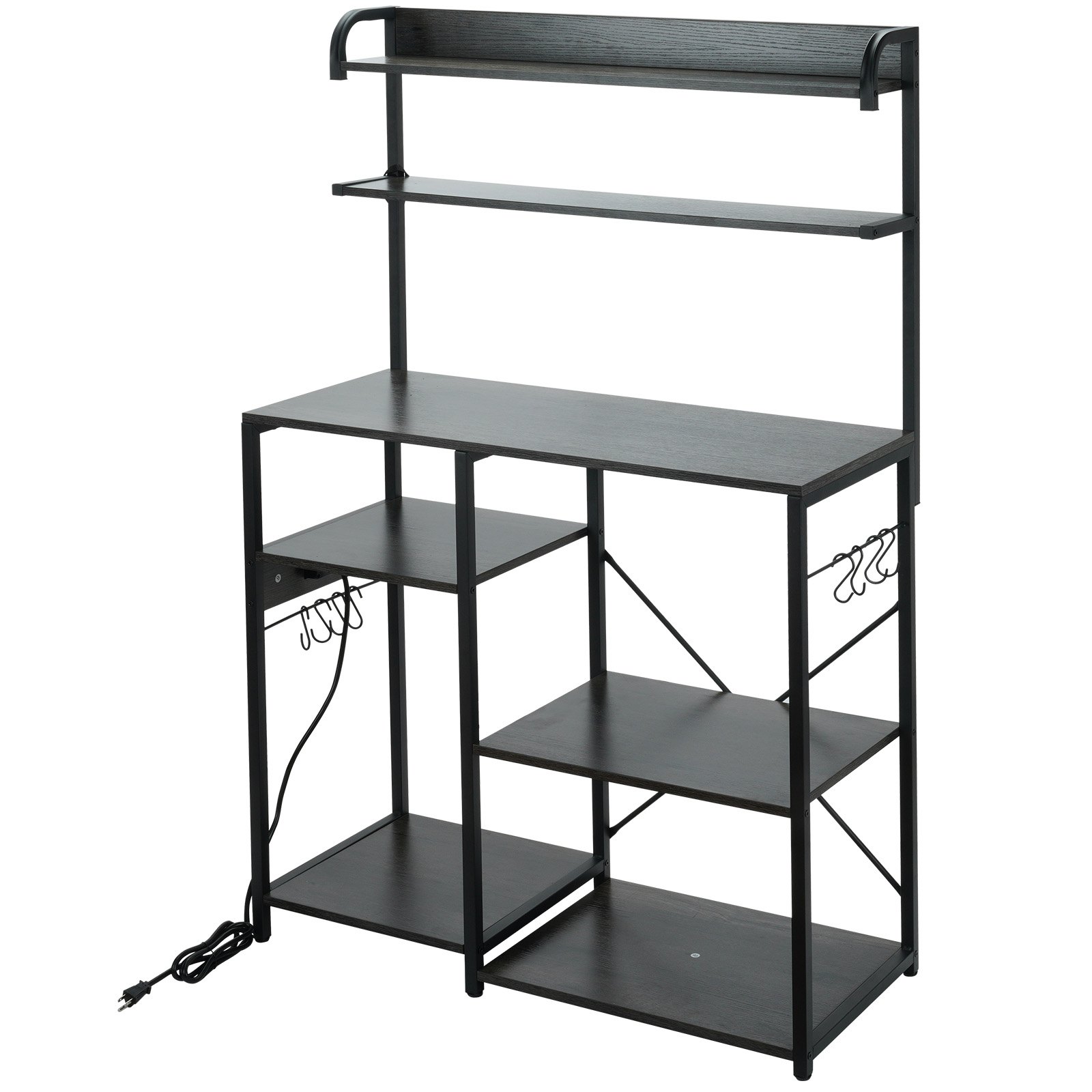 VEVOR Küchenregale Standregal 900 x 400 x 1460 mm, Küchen Bäckerregal 7-stockiges Mikrowellenregal, 99,79 kg Belastbar Gewürzregale mit 8 Haken Küchenregal Industrie-Design Eingebaute Steckdose