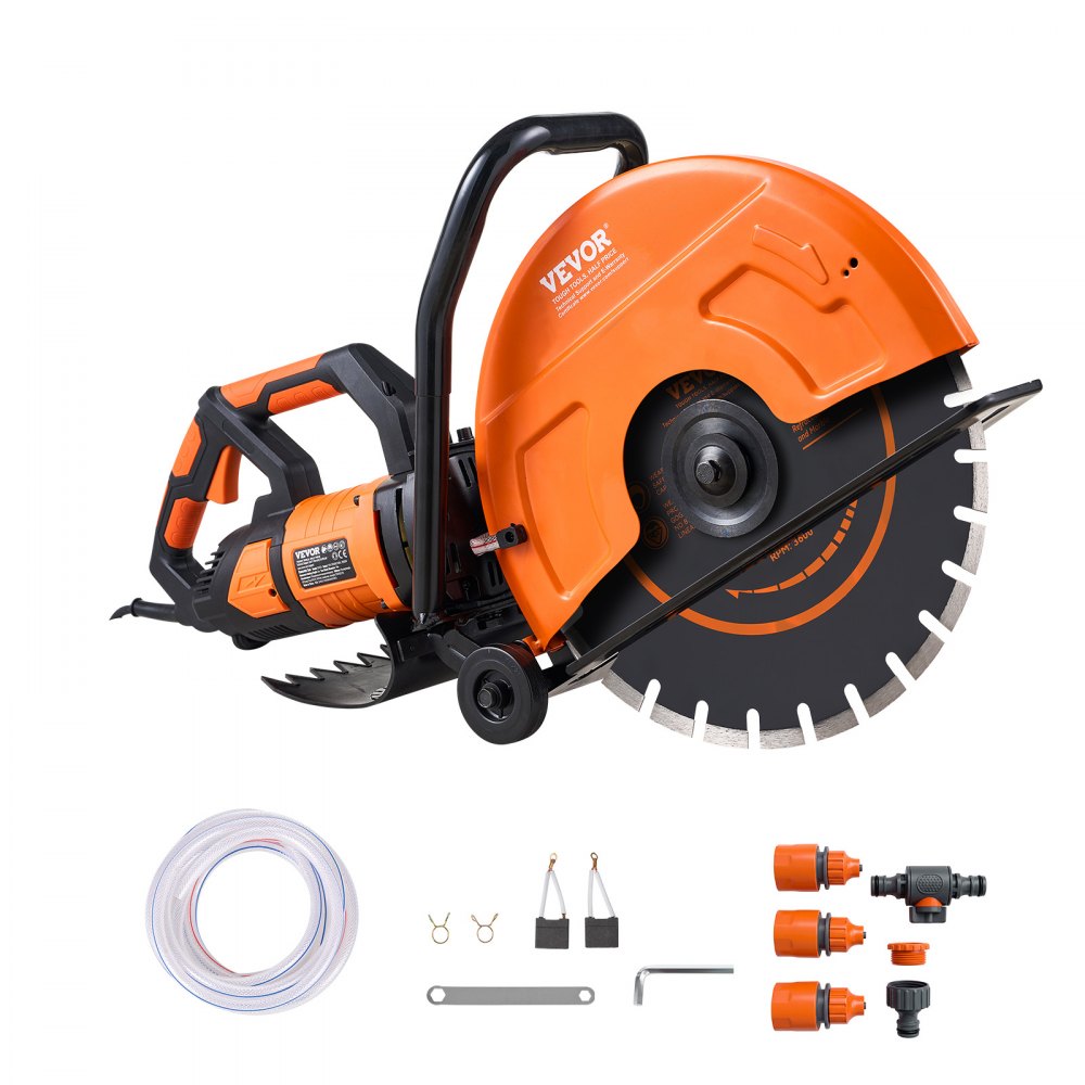 VEVOR Elektrische Betonsäge, 406 mm, Hochleistungs-Kreissäge 2800 W, Schnitttiefe 152 mm, Nass-/Trocken-Scheibensäge mit Wasserrohr, Wasserpumpe, Sägeblatt, für Stein und Ziegel