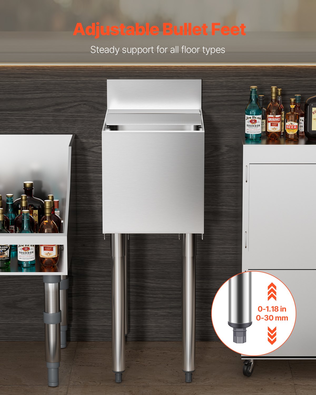 VEVOR kommerzieller Eisbehälter 28 L Untertheken-Eisbehälter (305 x 483 x 937 mm) Edelstahl-Eisbox mit Schiebedeckel & verstellbaren Kugelfüßen, Kühlwagen für Bar Restaurant Bar Küche Silber