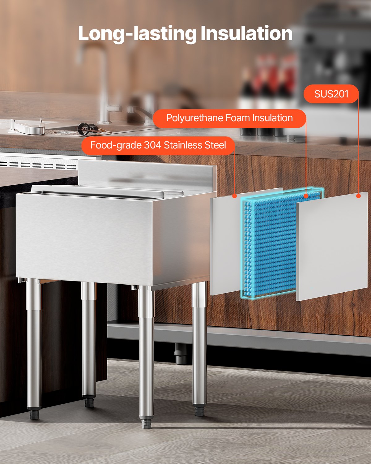 VEVOR kommerzieller Eisbehälter 61 L Untertheken-Eisbehälter (610 x 482 x 937 mm) Edelstahl-Eisbox mit Schiebedeckel & verstellbaren Kugelfüßen, Kühlwagen für Bar Restaurant Küche Silber