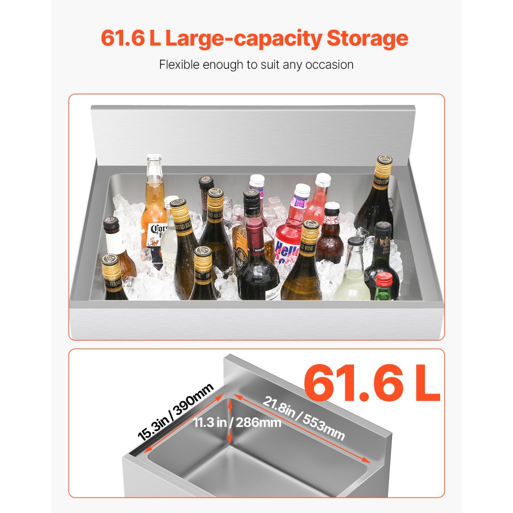 VEVOR kommerzieller Eisbehälter 61,6 L Untertheken-Eisbehälter (610 x 614 x 930 mm) Edelstahl-Eisbox mit Schiebedeckel & verstellbaren Kugelfüßen, Kühlwagen für Bar Restaurant Küche Silber