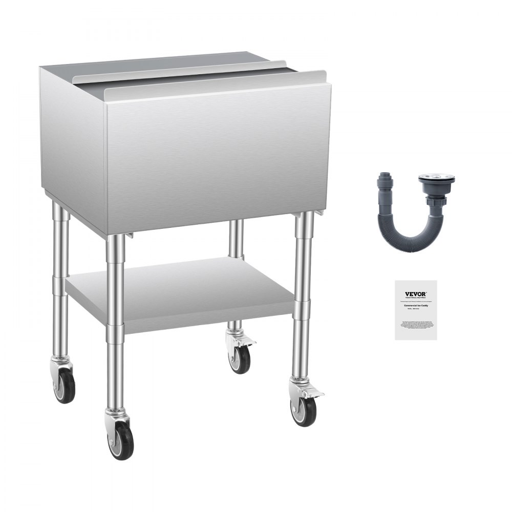 VEVOR commercial ice container 61.6 L rolling ice box on wheels (610 x 484 x 935 mm) stainless steel refrigerated trolley with sliding lid, storage compartment at the bottom, adjustable ball feet, for bar and restaurant