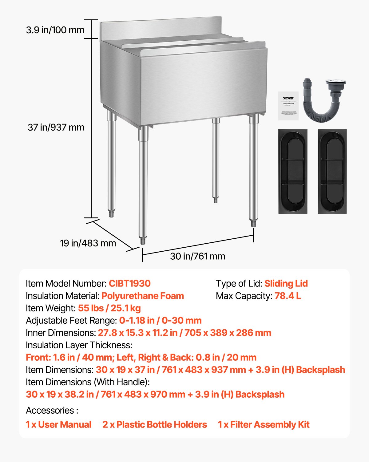 VEVOR Commercial Ice Container 28 L Undercounter Ice Container (761 x 483 x 937 mm) Stainless Steel Ice Box with Sliding Lid & Adjustable Ball Feet, Refrigerated Cart for Bar Restaurant Kitchen Silver
