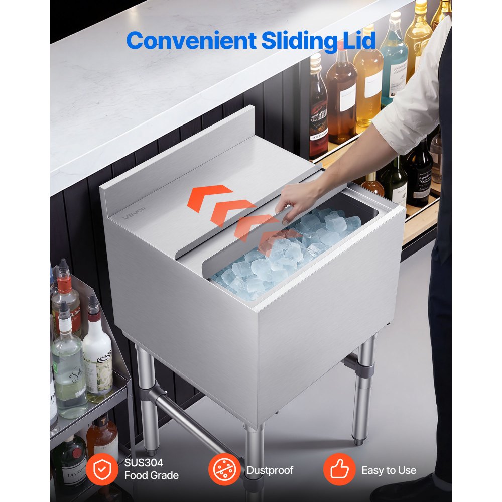 VEVOR Gastronomie Eisbehälter 46,7 L, Edelstahl Untertheken-Eisbehälter 455 x 455 x 850 mm mit Schiebedeckel, Flaschenhaltern & Verstellbaren Füßen, für Bar, Restaurant & Pub, NSF-Zertifiziert