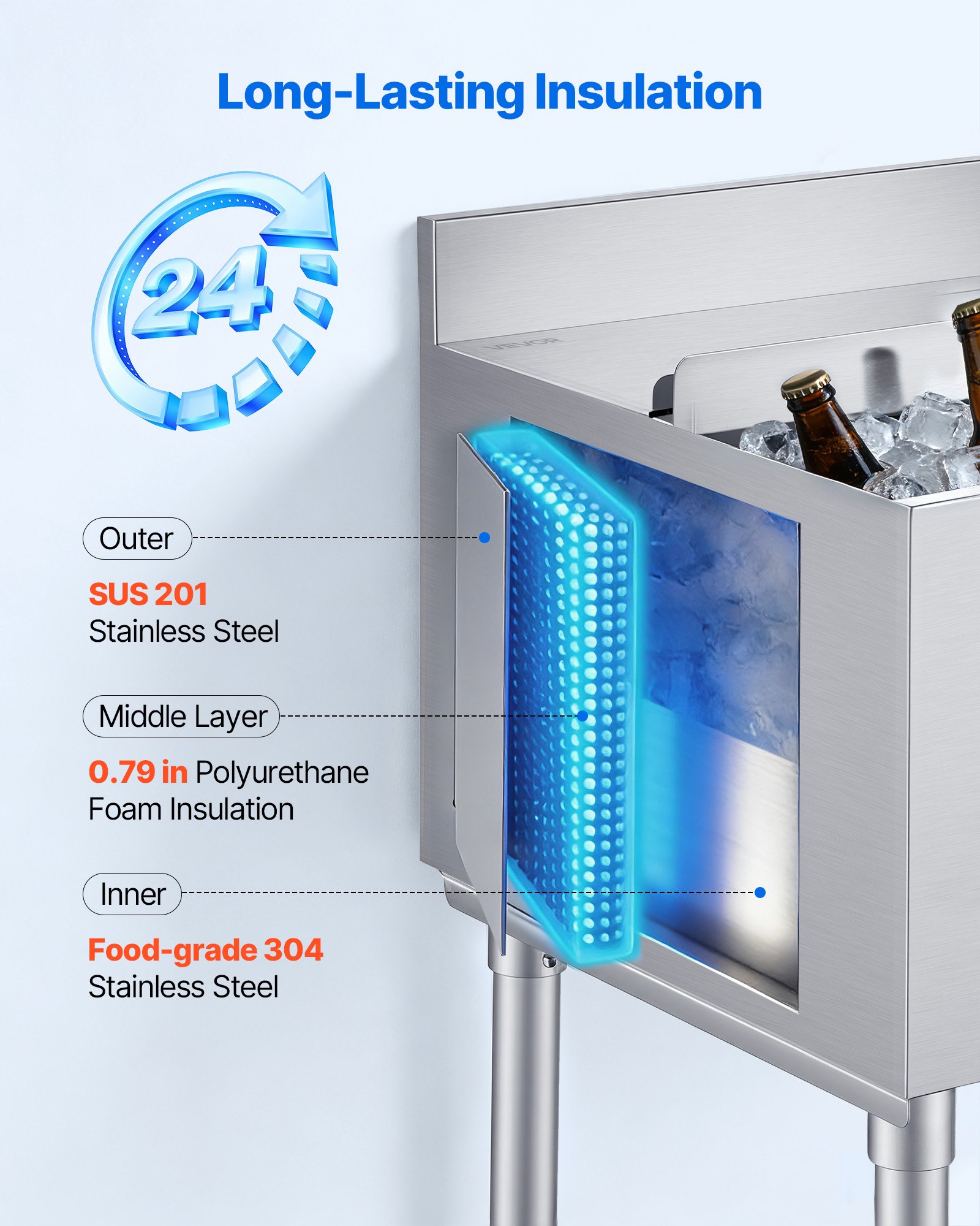 VEVOR Gastronomie Eisbehälter 46,7 L, Edelstahl Untertheken-Eisbehälter 455 x 455 x 850 mm mit Schiebedeckel, Flaschenhaltern & Verstellbaren Füßen, für Bar, Restaurant & Pub, NSF-Zertifiziert