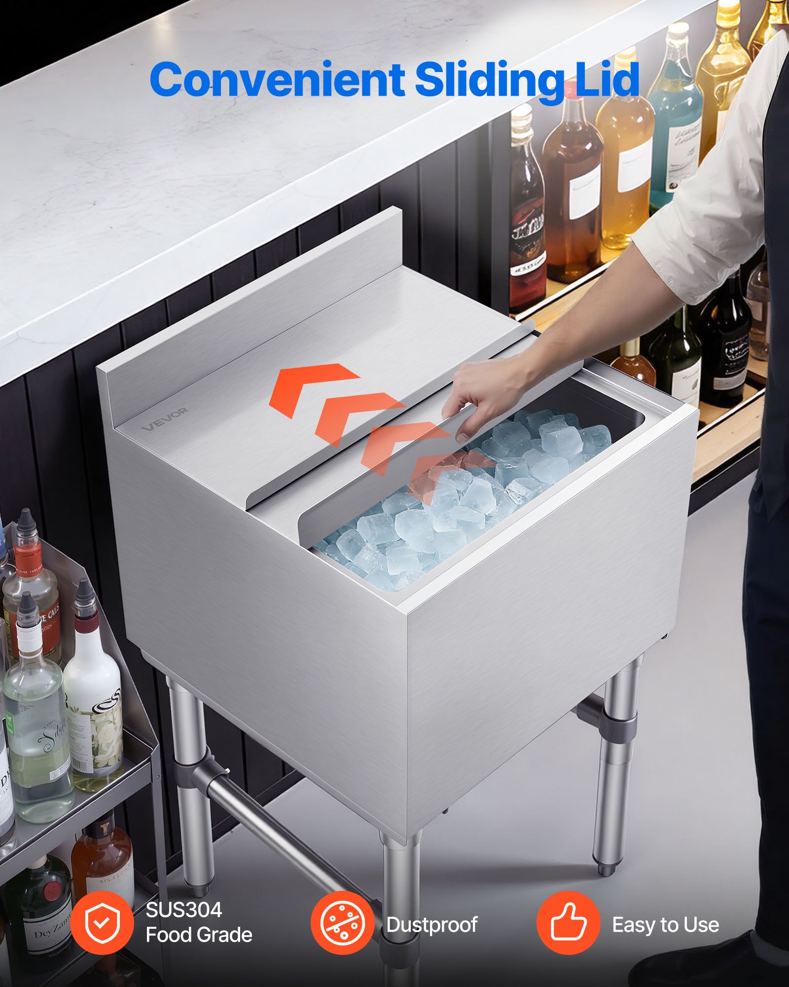 VEVOR Gastronomie Eisbehälter 46,7 L, Edelstahl Untertheken-Eisbehälter 455 x 455 x 850 mm mit Schiebedeckel, Flaschenhaltern & Verstellbaren Füßen, für Bar, Restaurant & Pub, NSF-Zertifiziert