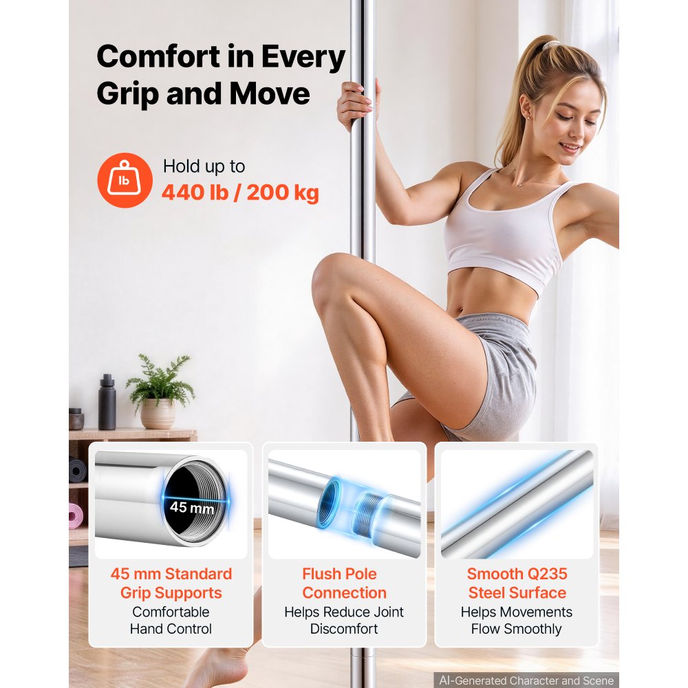 VEVOR Professionelle Tanzstange, Pole Dance Tragbare Tanzstange Profi ca. 210,5–278,4 cm Höhenverstellbare Abnehmbare Fitnessstange Spinning Fitness Silber, Tanzstange Fitnessstudios, Club, Party