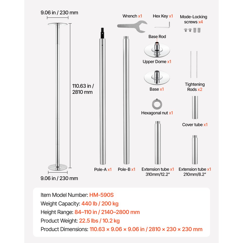 VEVOR Professionelle Tanzstange, Pole Dance Tragbare Tanzstange Profi ca. 210,5–278,4 cm Höhenverstellbare Abnehmbare Fitnessstange Spinning Fitness Silber, Tanzstange Fitnessstudios, Club, Party