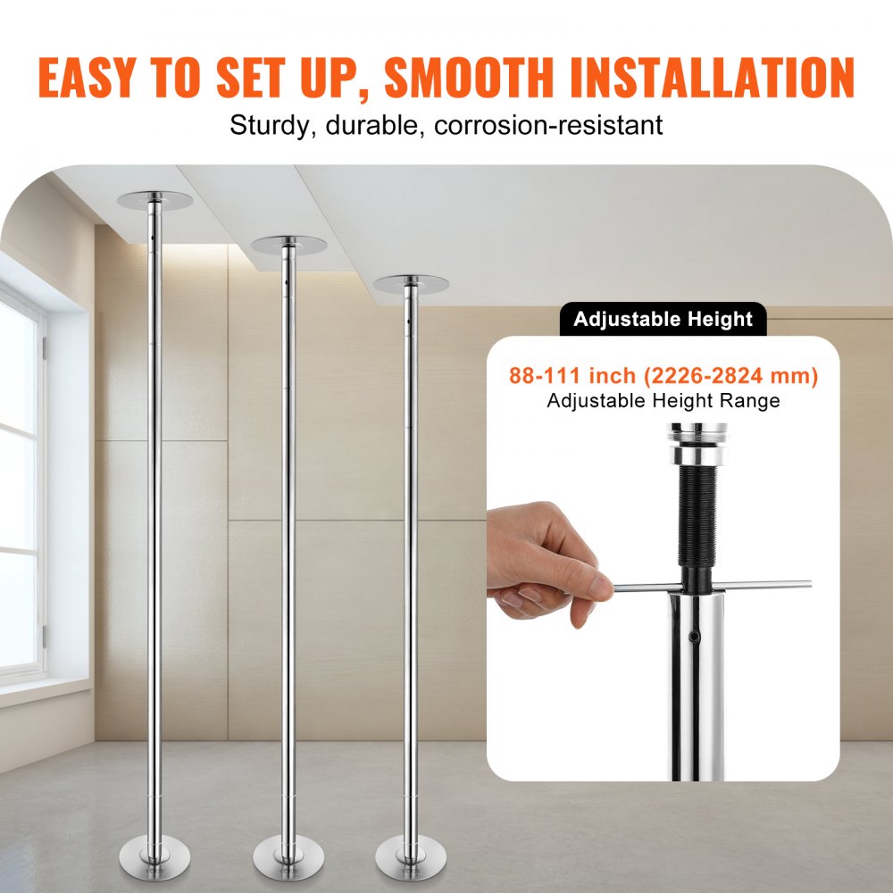 VEVOR Professional Dance Pole, Portable Pole Dance Pole, Professional, Approx. 222.6-282.4 cm Height Adjustable, Detachable Fitness Pole, Spinning Fitness, Silver, Dance Pole for Gyms, Clubs, and Parties