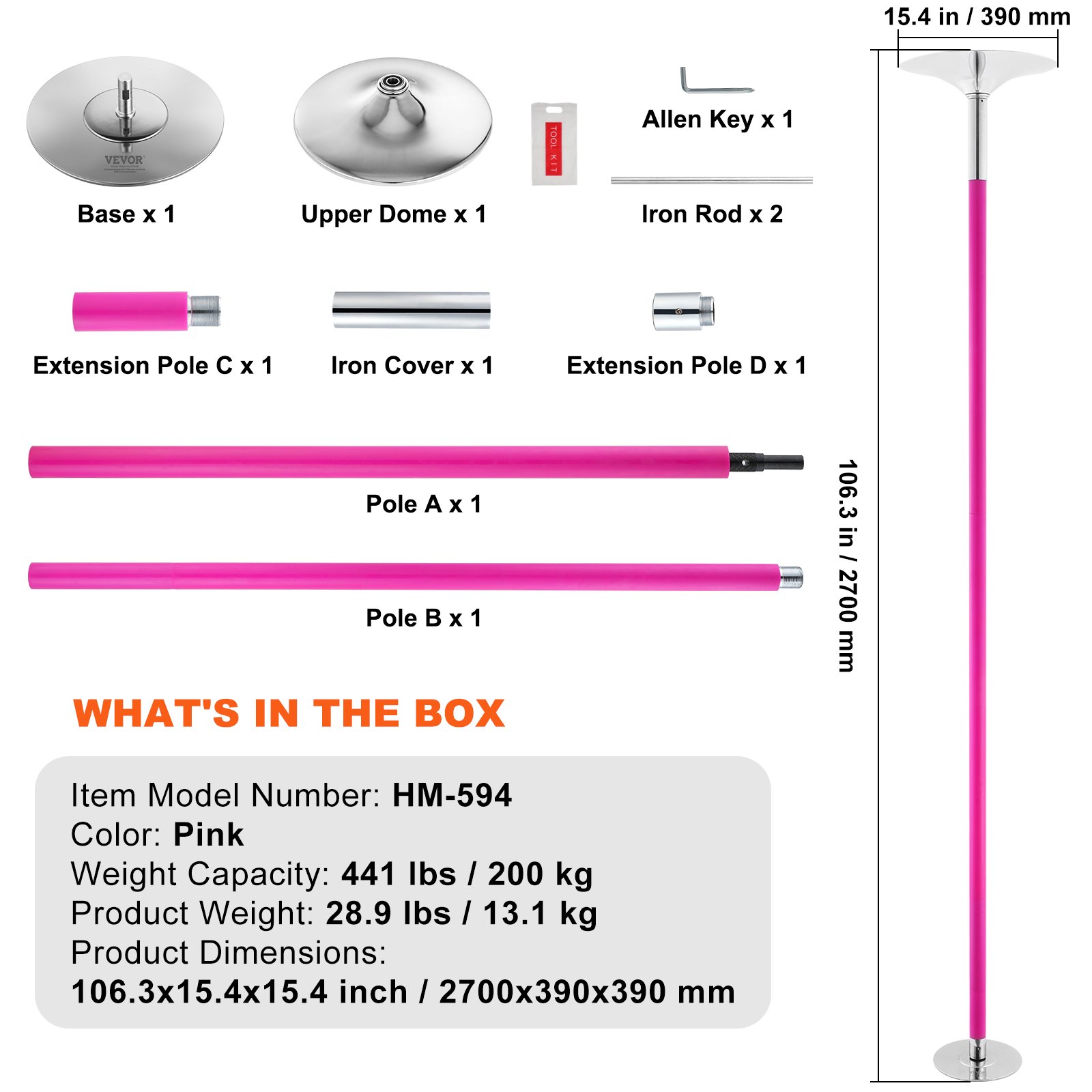VEVOR Professionelle Tanzstange, Pole Dance Tragbare Tanzstange Profi ca. 216,3-270 cm Höhenverstellbare Abnehmbare Fitnessstange Spinning Fitness Pink, Statische Tanzstange Fitnessstudios