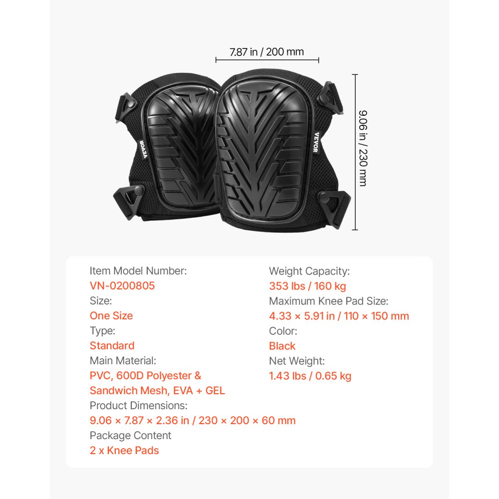 VEVOR Knee Pads 23x20 cm, Tile Layer's Knee Pads with Adjustable Straps & Rivets, Thick Gel Knee Protectors with Foam Padding for All-Around Knee Protection, Suitable for Flooring and Gardening