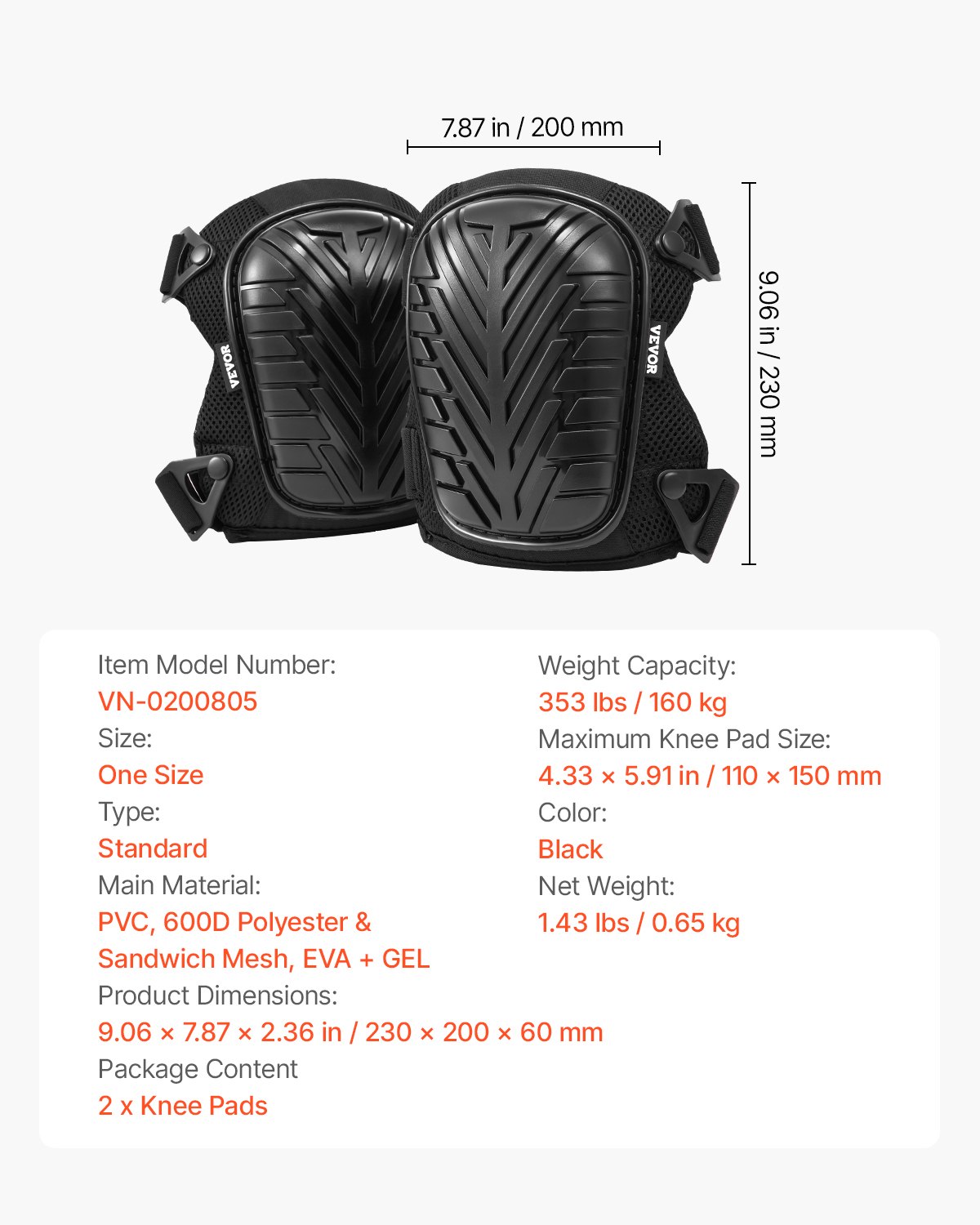 VEVOR Knee Pads 23x20 cm, Tile Layer's Knee Pads with Adjustable Straps & Rivets, Thick Gel Knee Protectors with Foam Padding for All-Around Knee Protection, Suitable for Flooring and Gardening