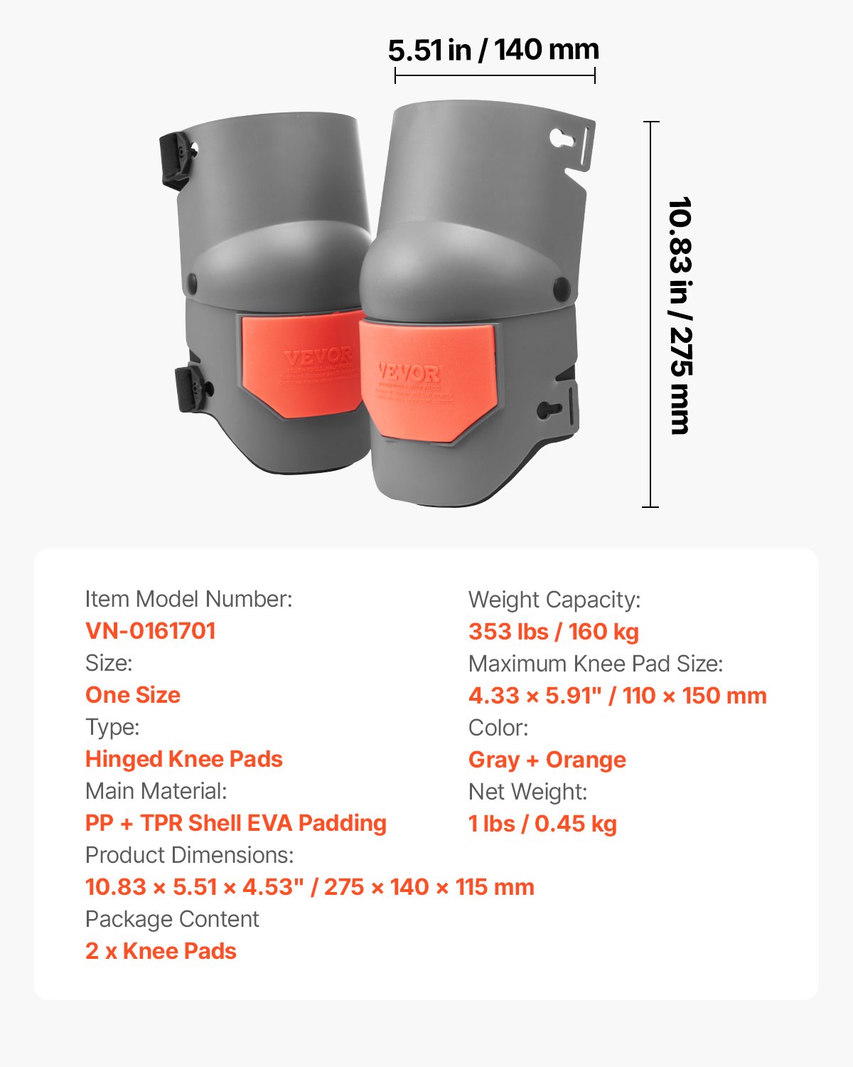 VEVOR Knee Pads 275x140x115 cm, Extra Thick Knee Protectors with Foam Padding – Professional Protection & Comfort, Tile Layers, Knee Pads, Knee Protectors for Gardening, Floor Laying, Gray & Orange