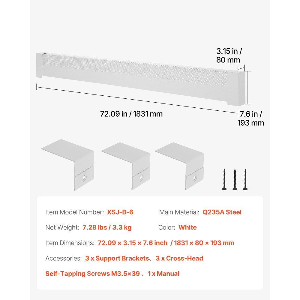 VEVOR Heizungsabdeckungen, Basic-Serie, 1831 x 80 x 193 mm, Standard-Frontabdeckung für Heizkörper elektrische Heizgeräte, Ersatzabdeckung aus robustem Stahl, für Schlafzimmer, weiß