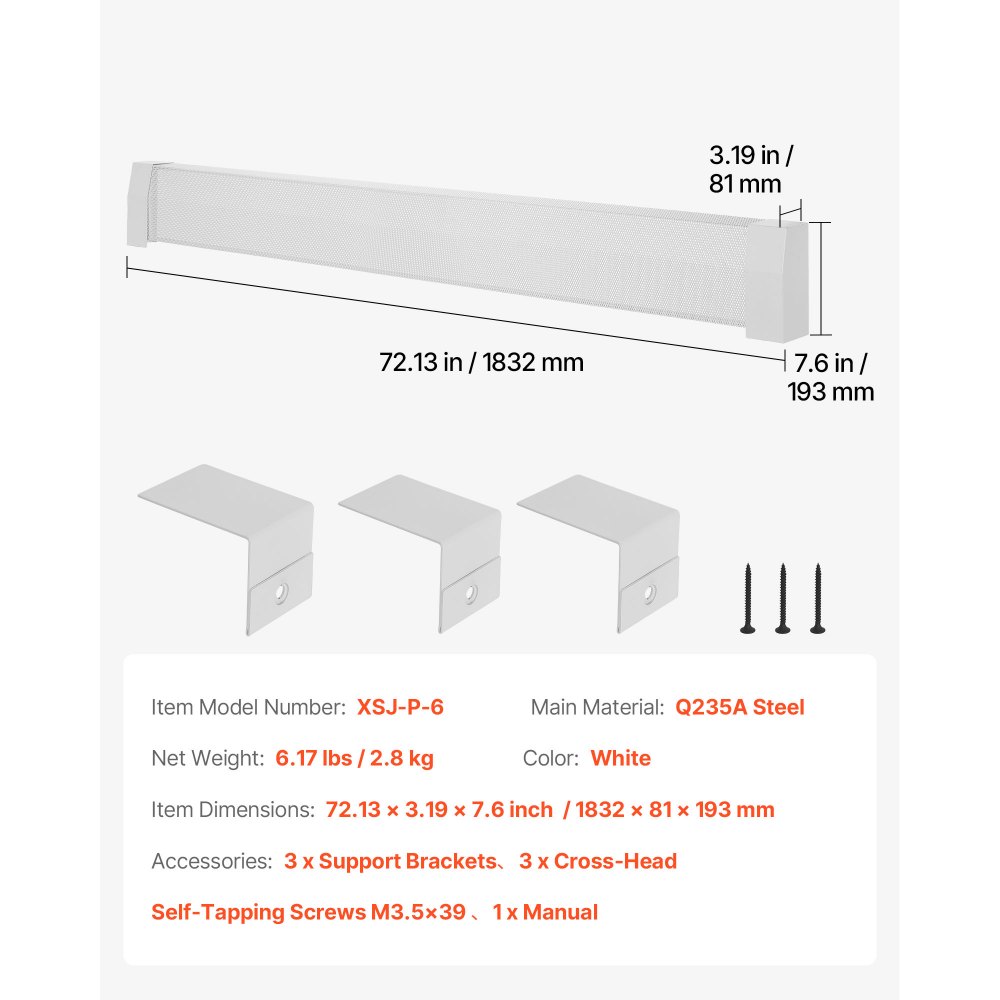 VEVOR Heizungsabdeckungen, Premium-Serie, 1832 x 81 x 193 mm, Standard-Frontabdeckung für Heizkörper elektrische Heizgeräte, Ersatzabdeckung aus robustem Stahl, für Schlafzimmer, weiß