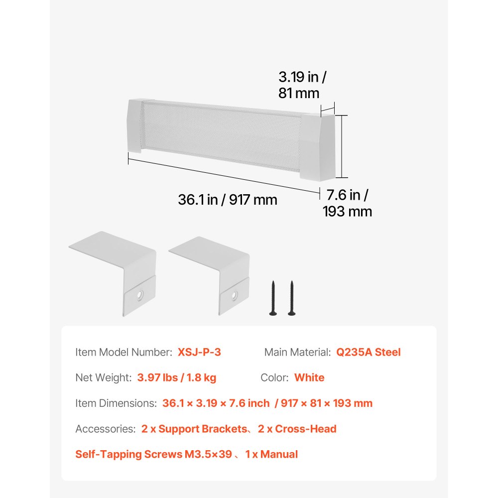 VEVOR Heizungsabdeckungen, Premium-Serie, 917 x 81 x 193 mm, Standard-Frontabdeckung für Heizkörper elektrische Heizgeräte, Ersatzabdeckung aus robustem Stahl, für Schlafzimmer, weiß
