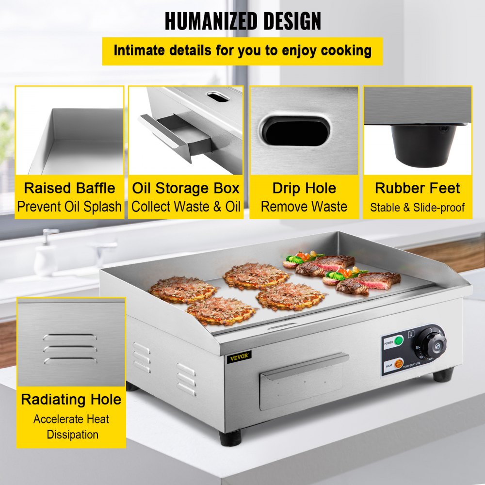 VEVOR Elektrogrill, 3000W, Kontaktgrill, Küchengrill, Tischgrill, 550 x 350 mm,mit thermostatischen Steuerung, professionelle Antihaftbeschichtung, ideal zum Braten von Burgern, Hähnchen, Eiern usw.