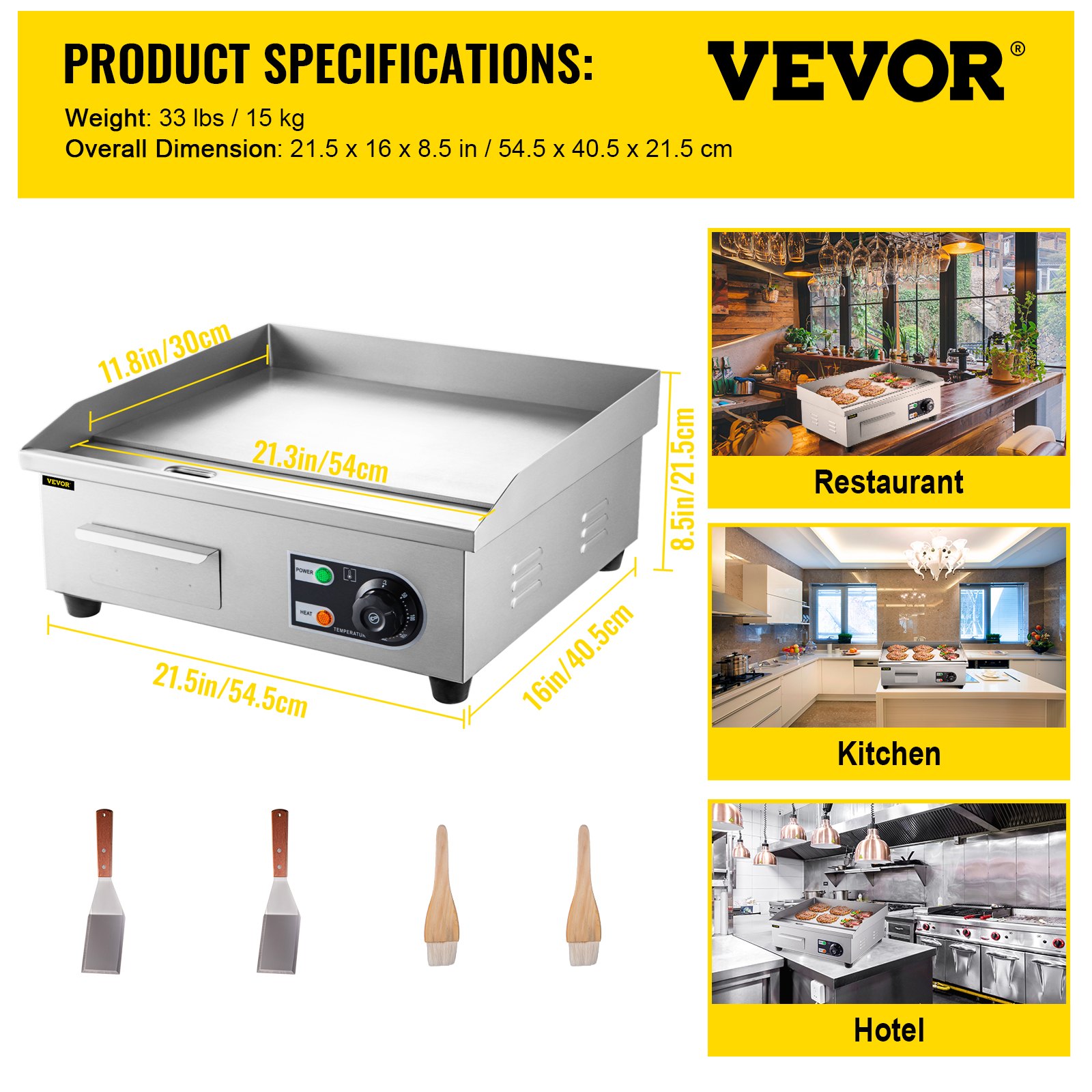 VEVOR Elektrogrill, 3000W, Kontaktgrill, Küchengrill, Tischgrill, 550 x 350 mm,mit thermostatischen Steuerung, professionelle Antihaftbeschichtung, ideal zum Braten von Burgern, Hähnchen, Eiern usw.