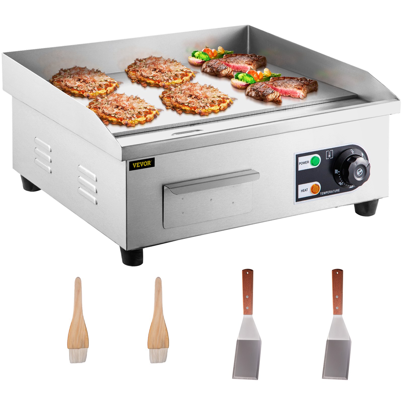 VEVOR Elektrogrill, 3000W, Kontaktgrill, Küchengrill, Tischgrill, 550 x 350 mm,mit thermostatischen Steuerung, professionelle Antihaftbeschichtung, ideal zum Braten von Burgern, Hähnchen, Eiern usw.