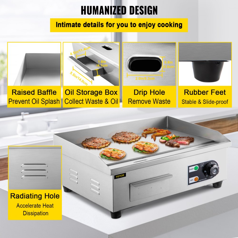 VEVOR Bratplatte Griddleplatte, 2500 W Elektro Grillplatte Griddleplatte Edelstahl Gusseisen, Gastro Griddleplatte Präzise Temperaturregelung, 455 x 400 x 210 mm Grillplatte Herd Elektro mit Ölpinsel