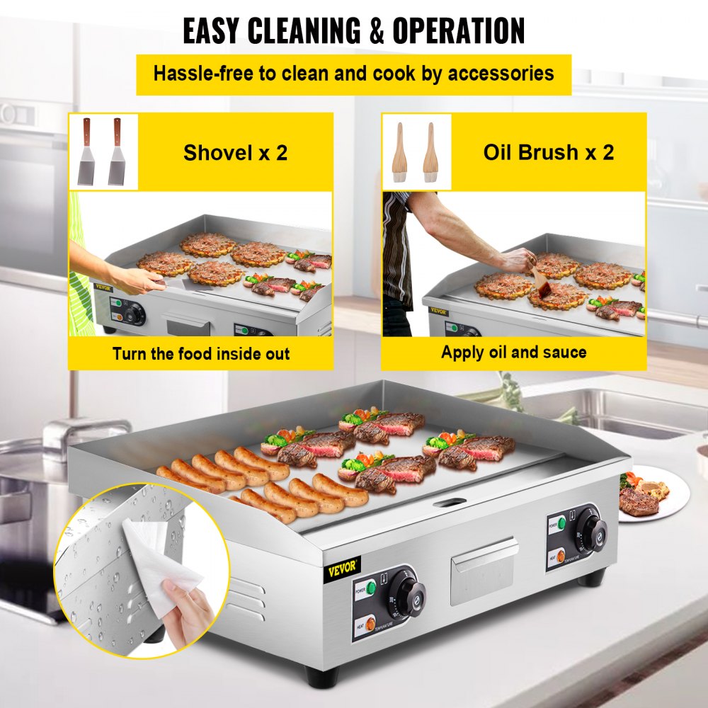 VEVOR Bratplatte Griddleplatte, 3200 W Elektro Grillplatte Griddleplatte 664 x 470 x 220 mm Groß Gastro Griddleplatte, Griddleplatte mit Ölpinsel und Schaufel Elektro Grillplatte Edelstahl Gusseisen