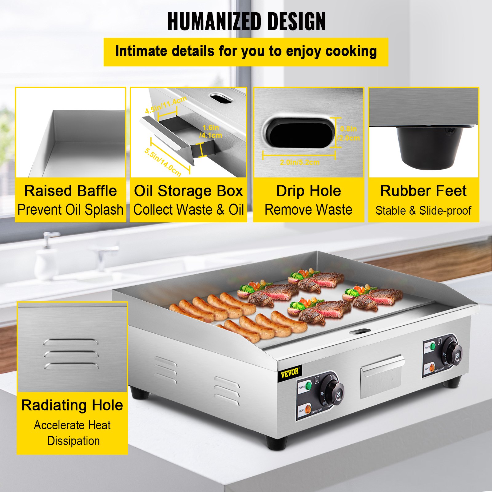 VEVOR Bratplatte Griddleplatte, 3200 W Elektro Grillplatte Griddleplatte 664 x 470 x 220 mm Groß Gastro Griddleplatte, Griddleplatte mit Ölpinsel und Schaufel Elektro Grillplatte Edelstahl Gusseisen