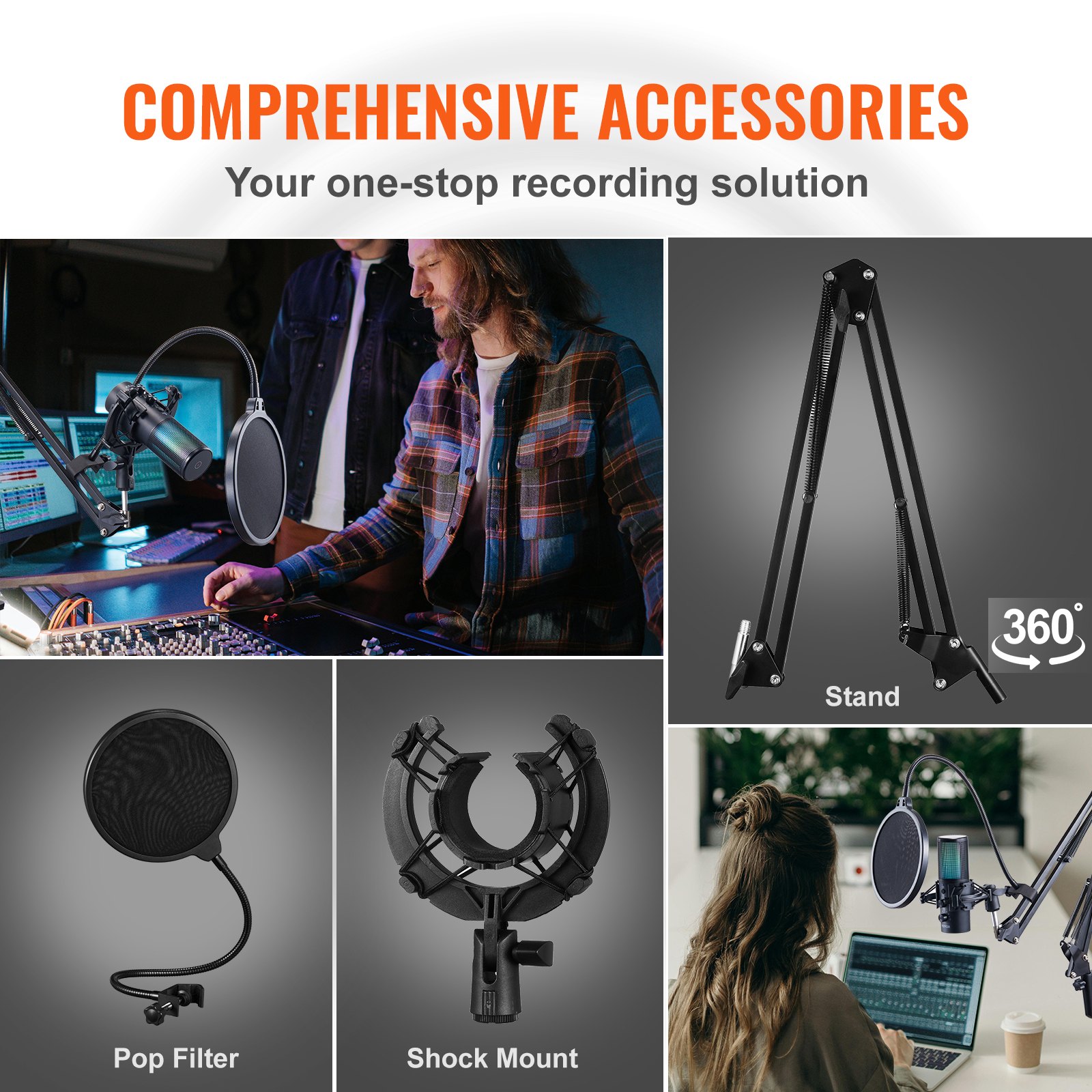 VEVOR USB-Mikrofon, 192 kHz/24 Bit, Kondensatormikrofon-Set mit Galgenarmständer, Pop-Filter, 11 RGB-Lichteffekte, Stummschalttaste, Kopfhöreranschluss für Aufnahmen beim Spielen und Singen