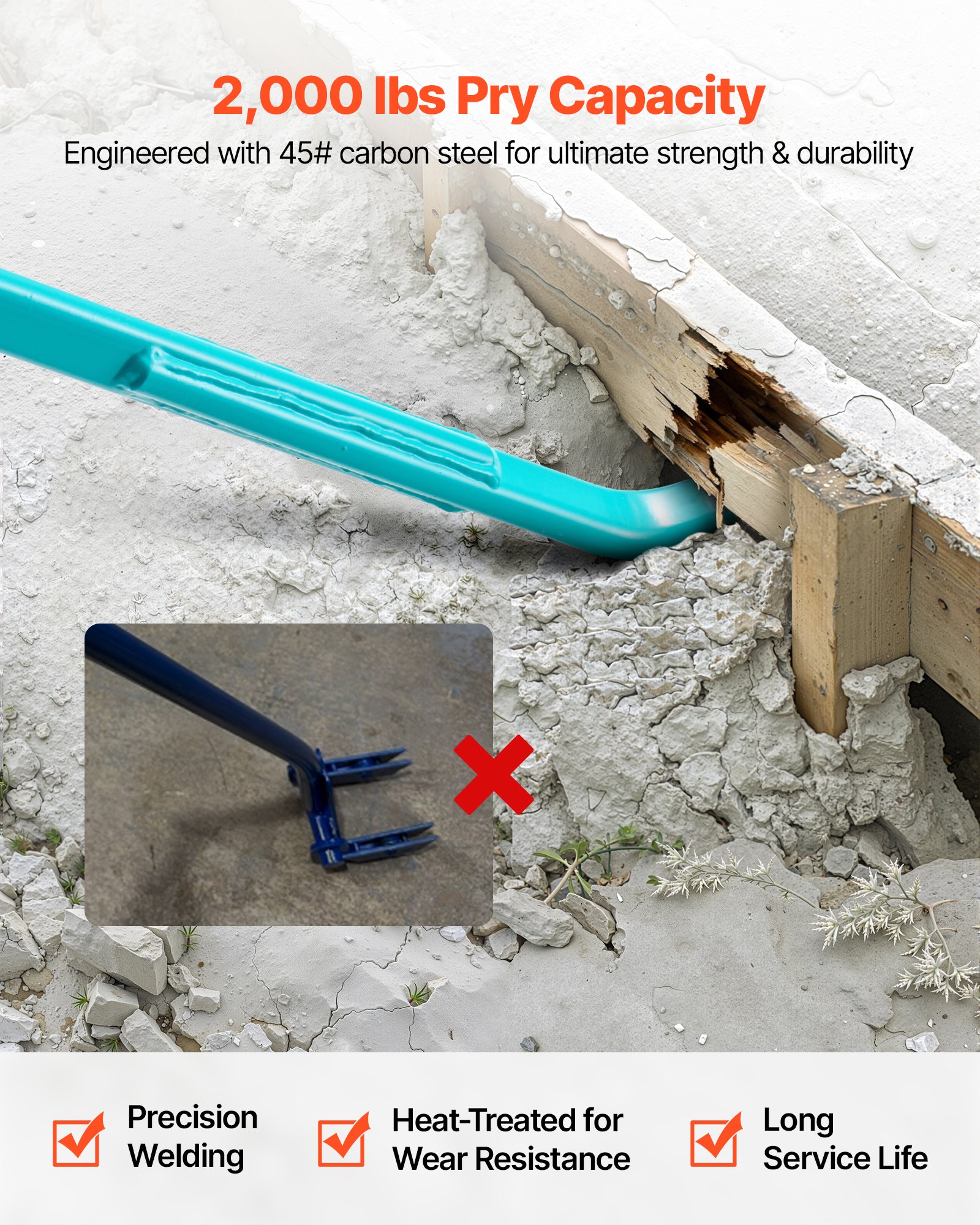 VEVOR Brecheisen, ca. 907 kg Tragkraft, 1422,4 mm Gesamtlänge, Stahl, Nageleisen für Abbrucharbeiten, Beton & Brechen, ideal für den Einsatz im Bauwesen & in der Industrie, mit optimaler Hebelwirkung