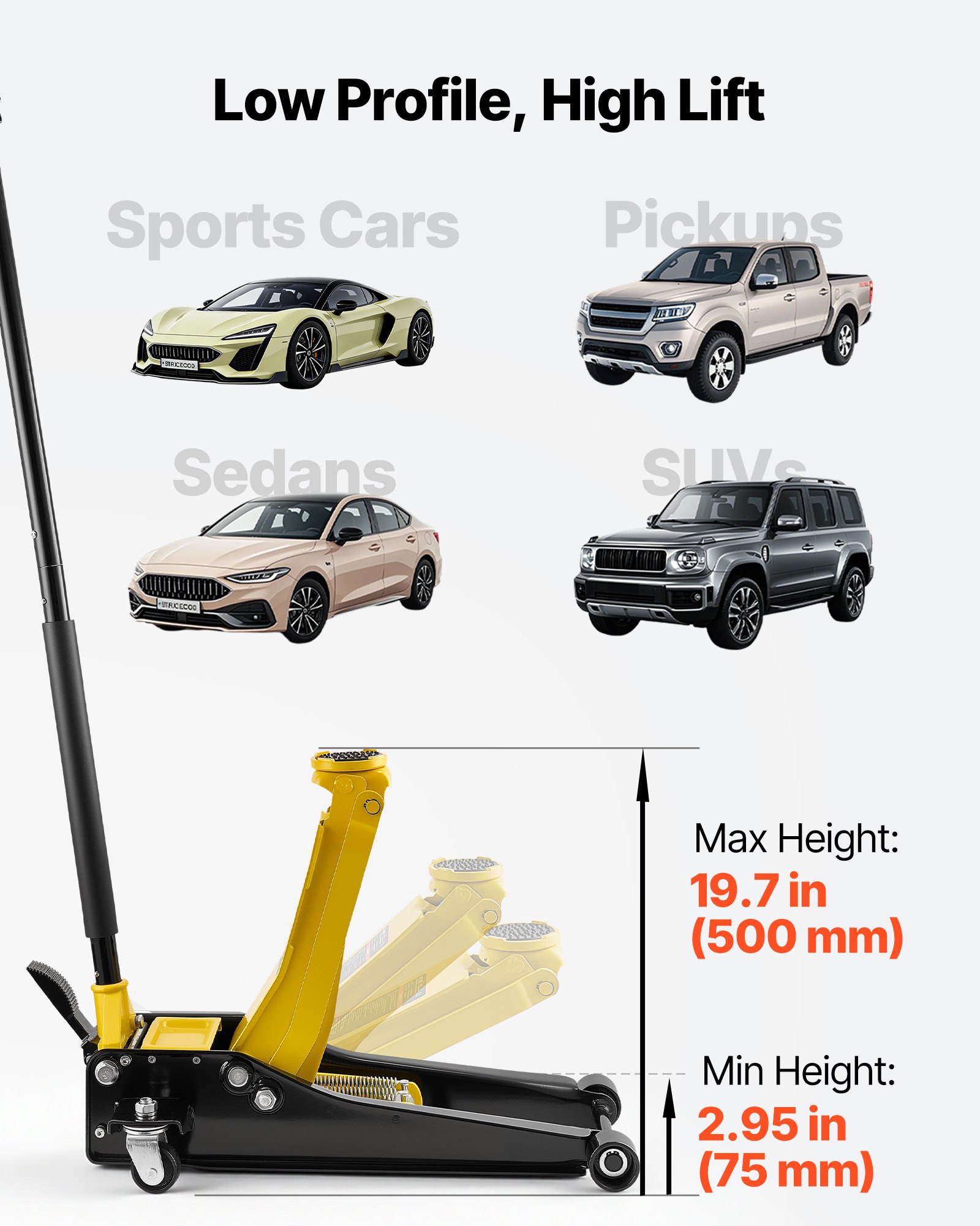 VEVOR Hydraulischer Rangierwagenheber 3 t Tragkraft, Wagenheber aus Stahl mit Doppelkolben-Schnellhubpumpe & Fußpedal, Autoheber für Sportwagen SUVs Pickups, 75-500 mm Hubbereich, Rennwagenheber