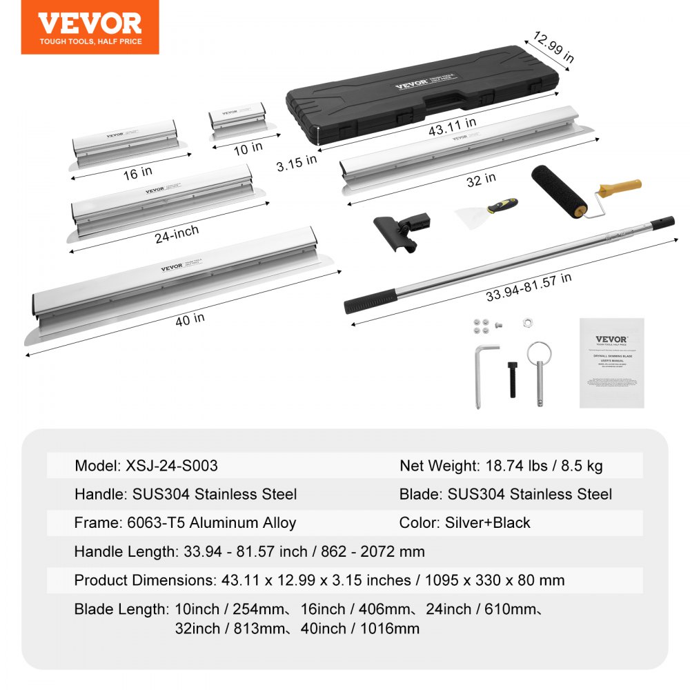 VEVOR Drywall Skimming Blade Set, 10/16/24/32/40 in (25.4/40.6/61/81.3/101.6 cm) Skimming Blades + 34-81.6 in/86.4 - 207 cm Extension Handle Pole, Stainless Steel Knife Professional Skim Coat Tools, for Gyprock/WallBoard/Plasterboard