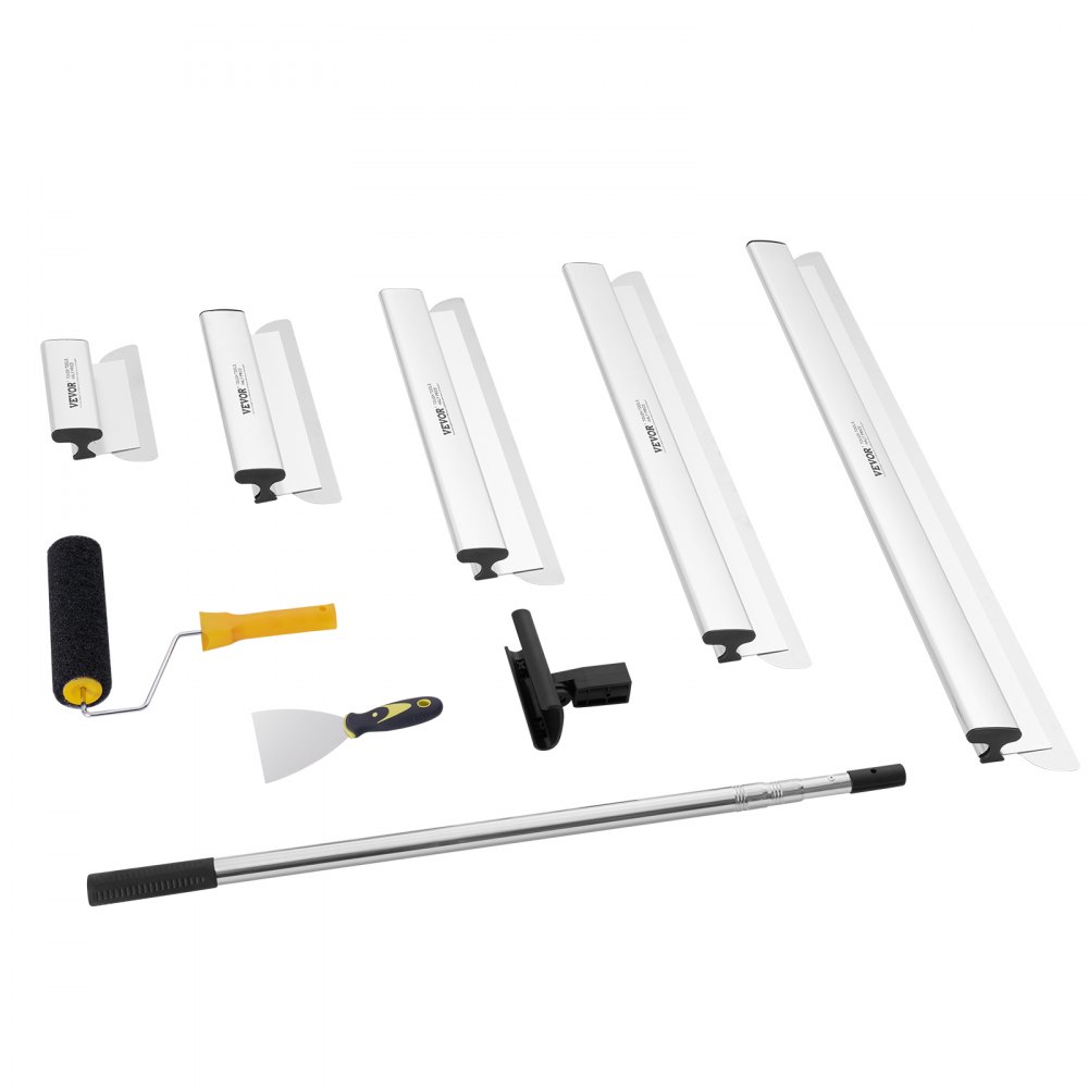 VEVOR Drywall Skimming Blade Set, 10/16/24/32/40 in (25.4/40.6/61/81.3/101.6 cm) Skimming Blades + 34-81.6 in/86.4 - 207 cm Extension Handle Pole, Stainless Steel Knife Professional Skim Coat Tools, for Gyprock/WallBoard/Plasterboard