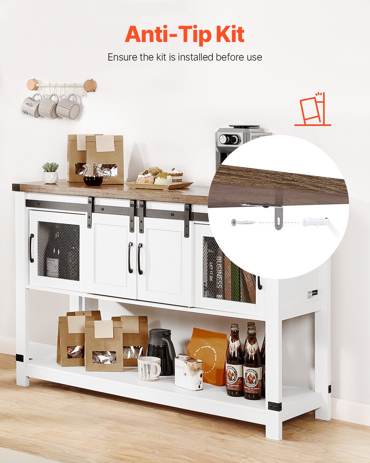 VEVOR Kaffeebarschrank 120 x 39,8 x 83 cm Bauernhaus-Kaffeebarschrank mit 4-stufigem Stauraum, Kaffeebartisch mit Scheunentoren, Sideboard-Buffetschrank für Wohnzimmer Eingangsbereich