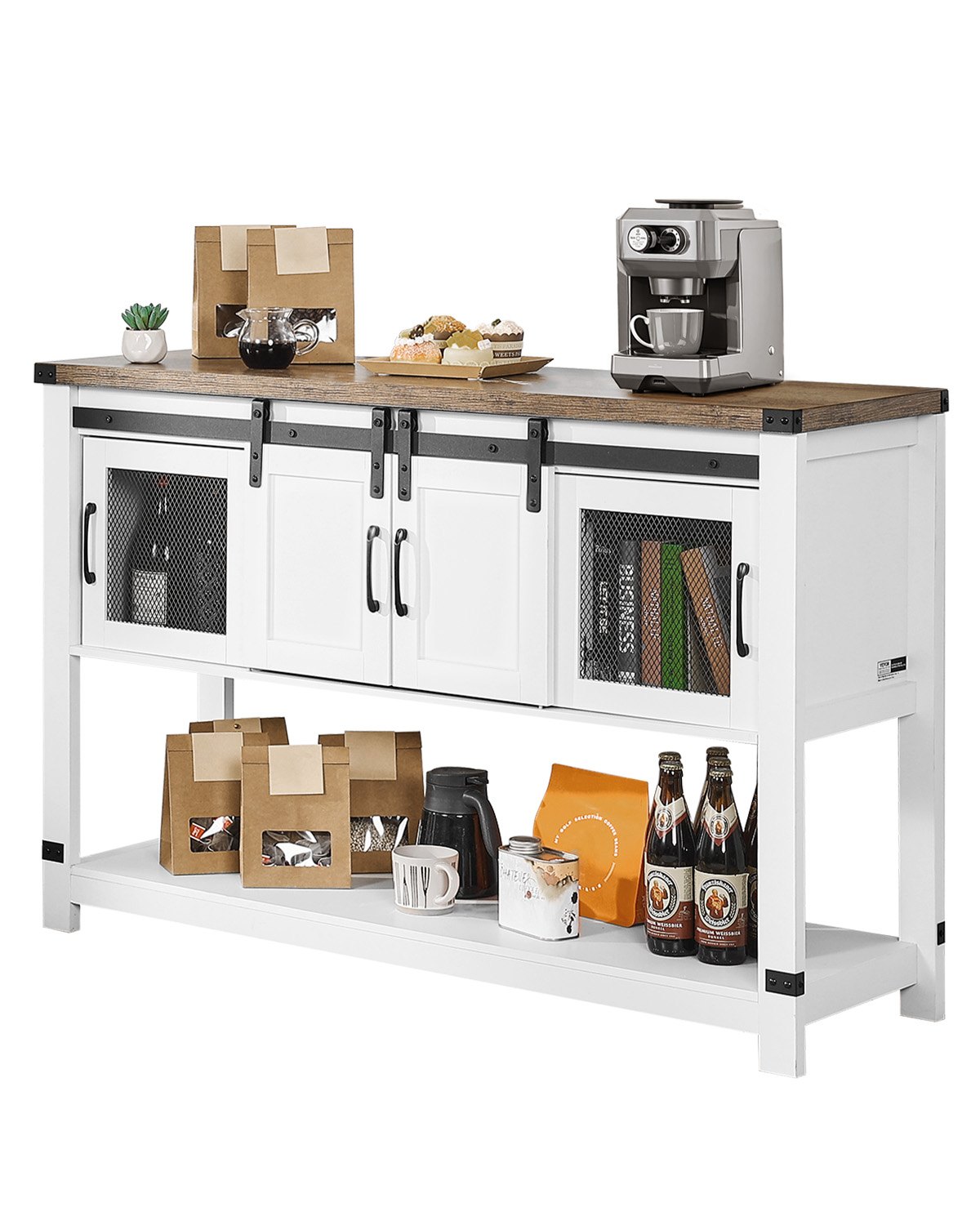 VEVOR Kaffeebarschrank 120 x 39,8 x 83 cm Bauernhaus-Kaffeebarschrank mit 4-stufigem Stauraum, Kaffeebartisch mit Scheunentoren, Sideboard-Buffetschrank für Wohnzimmer Eingangsbereich