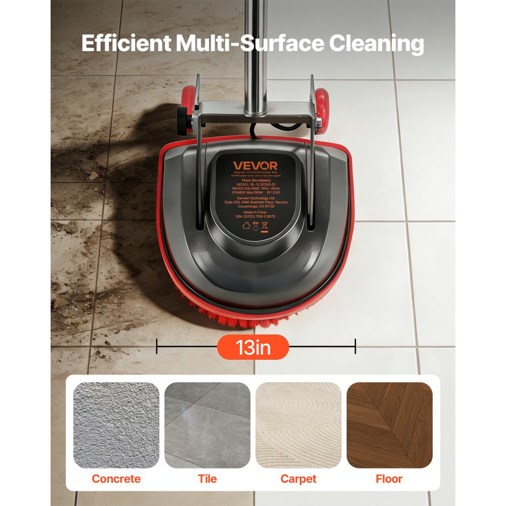 VEVOR Commercial Floor Scrubber Machine, Heavy Duty Floor Cleaner Polisher with 2 Wheels,  Professional Electric Carpet Buffer, Max 1900 RPM, 43 FT Cord, 3 Pads & 3 Brushes - All Floor Surfaces