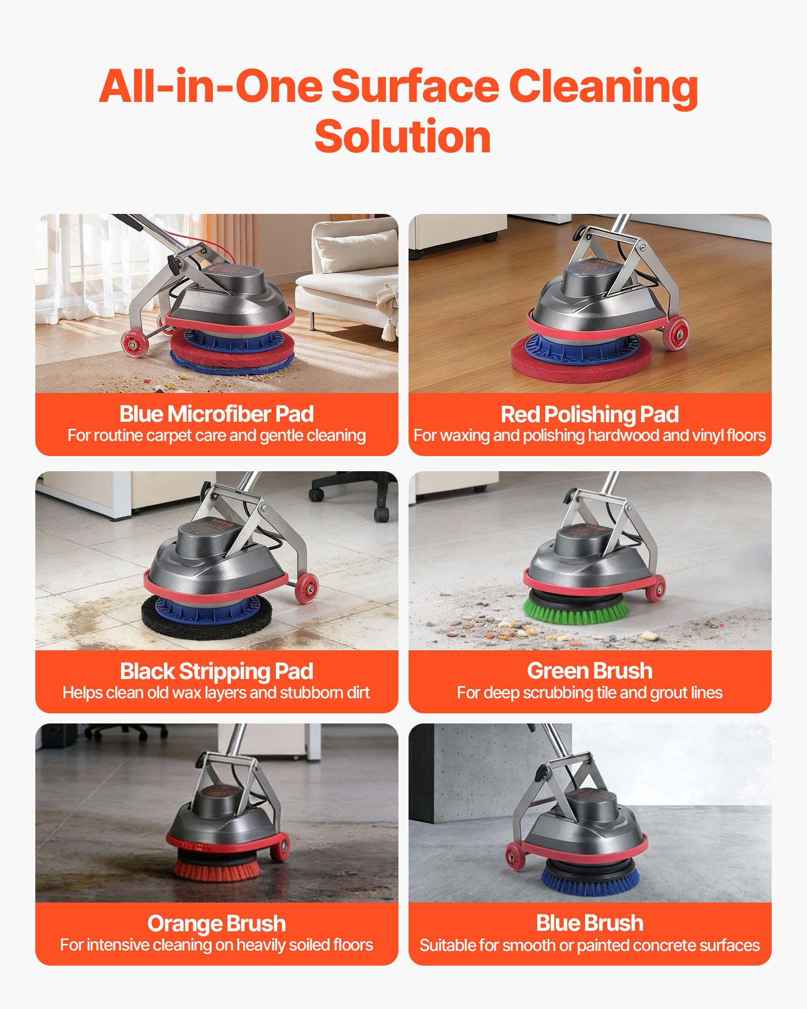 VEVOR Commercial Floor Scrubber Machine, Heavy Duty Floor Cleaner Polisher with 2 Wheels,  Professional Electric Carpet Buffer, Max 1900 RPM, 43 FT Cord, 3 Pads & 3 Brushes - All Floor Surfaces