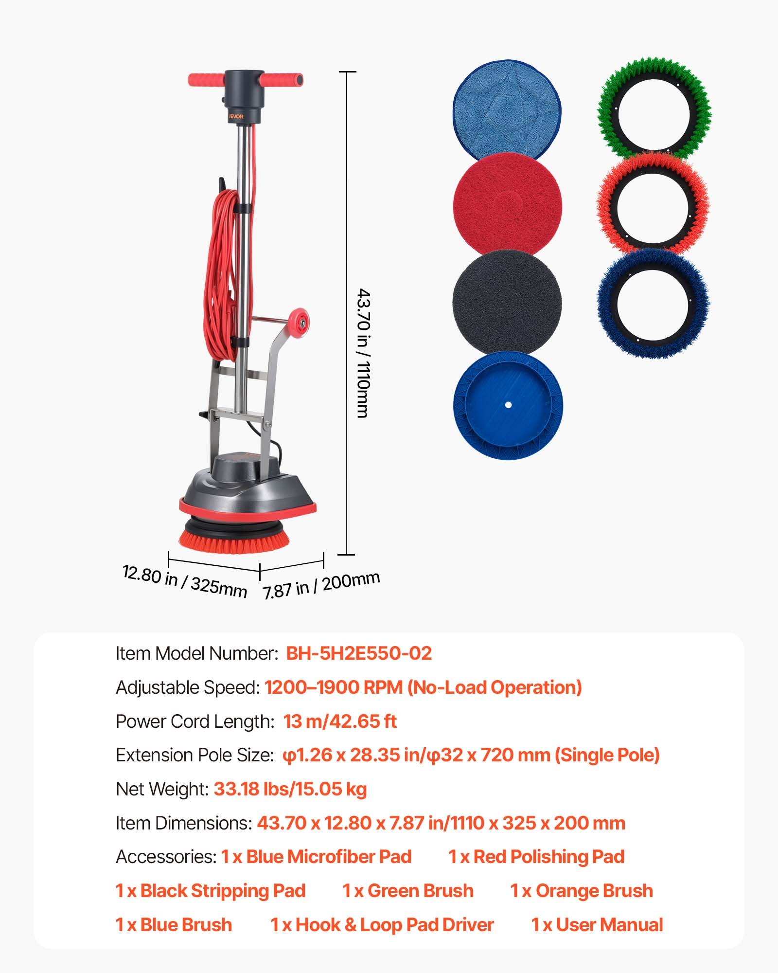 VEVOR Commercial Floor Scrubber Machine, Heavy Duty Floor Cleaner Polisher with 2 Wheels,  Professional Electric Carpet Buffer, Max 1900 RPM, 43 FT Cord, 3 Pads & 3 Brushes - All Floor Surfaces