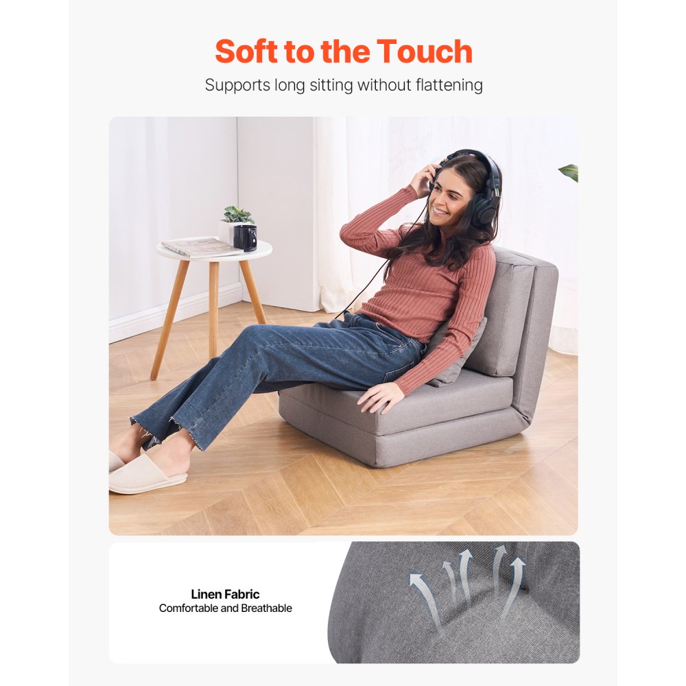 VEVOR Umwandelbares Bodensofa Schlafsofa, 5-fach verstellbares klappbares gepolstertes Lazy-Sofa mit verstellbarer Rückenlehne & Kissen, faltbares Sofa für Wohnzimmer und Schlafzimmer, grau