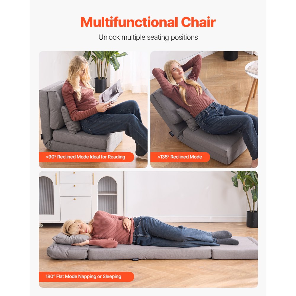 VEVOR Umwandelbares Bodensofa Schlafsofa, 5-fach verstellbares klappbares gepolstertes Lazy-Sofa mit verstellbarer Rückenlehne & Kissen, faltbares Sofa für Wohnzimmer und Schlafzimmer, grau