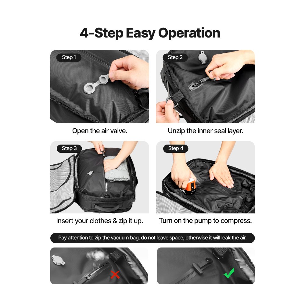 VEVOR Vakuum-Reiserucksack, 35 L, Vakuum-Kompressions-Reiserucksack mit Luftpumpe, mehreren Taschen & Fächern, wasserabweisendes Handgepäck, lässige Tasche für persönliche Gegenstände, Schwarz