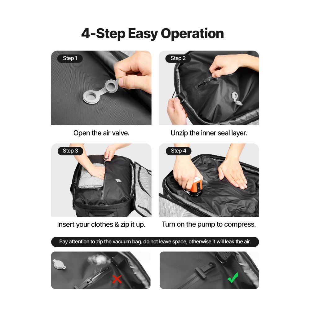 VEVOR Vakuum Rucksack, 65 L, erweiterbarer Vakuum-Kompressions-Reiserucksack mit Pumpe, mit TSA-zugelassenem Schloss, USB-Ladeanschluss, wasserabweisendes Handgepäck, für Business, Schwarz