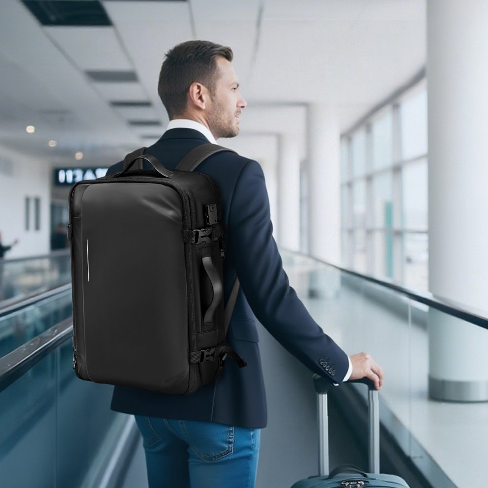 VEVOR Vakuum Rucksack, 65 L, erweiterbarer Vakuum-Kompressions-Reiserucksack mit Pumpe, mit TSA-zugelassenem Schloss, USB-Ladeanschluss, wasserabweisendes Handgepäck, für Business, Schwarz