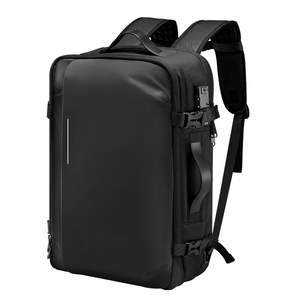 VEVOR Vakuum Rucksack, 65 L, erweiterbarer Vakuum-Kompressions-Reiserucksack mit Pumpe, mit TSA-zugelassenem Schloss, USB-Ladeanschluss, wasserabweisendes Handgepäck, für Business, Schwarz