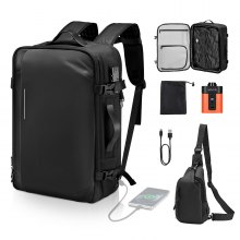 VEVOR Vakuum Rucksack, 65 L, erweiterbarer Vakuum-Kompressions-Reiserucksack mit Pumpe, mit TSA-zugelassenem Schloss, USB-Ladeanschluss, wasserabweisendes Handgepäck, für Business, Schwarz