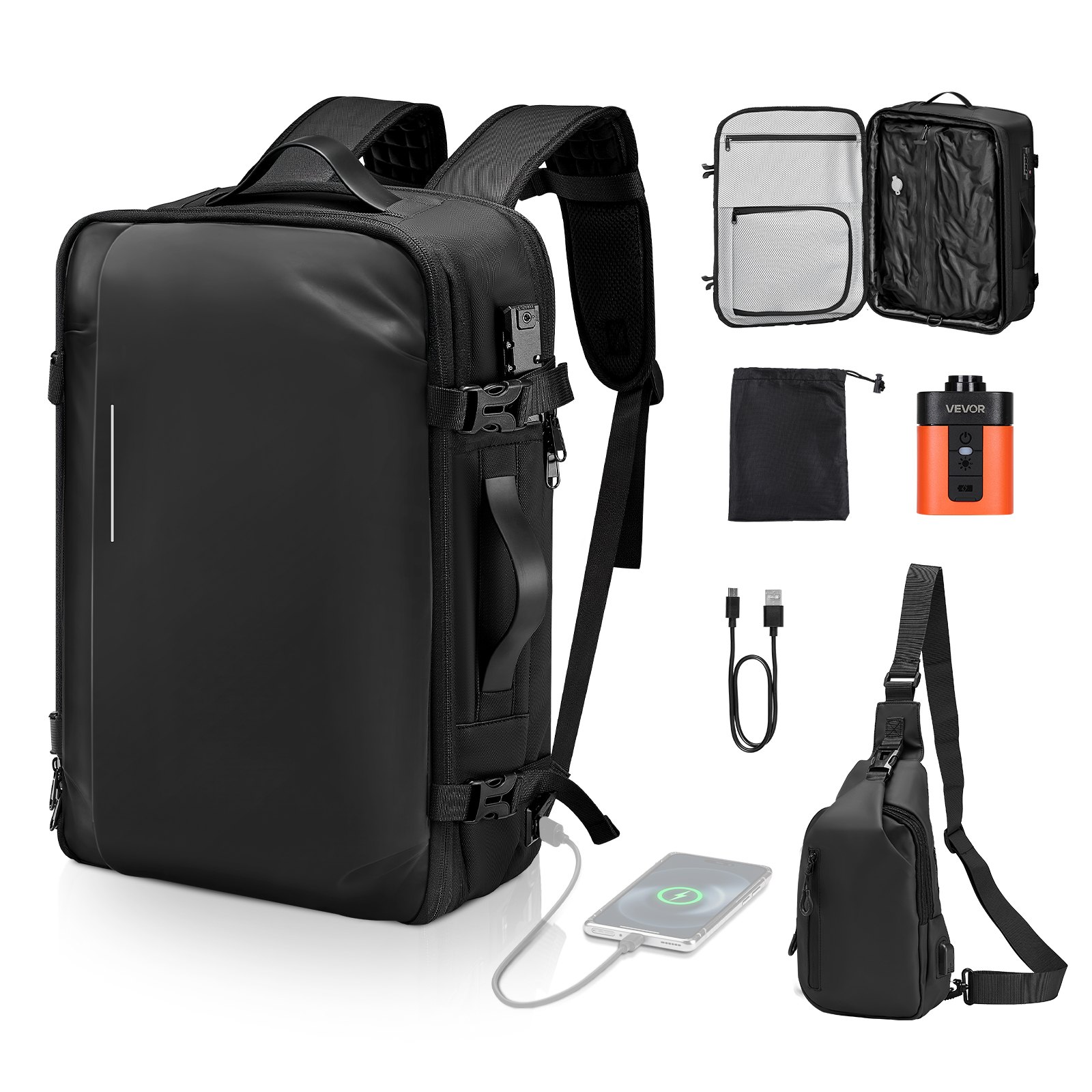 VEVOR Vakuum Rucksack, 65 L, erweiterbarer Vakuum-Kompressions-Reiserucksack mit Pumpe, mit TSA-zugelassenem Schloss, USB-Ladeanschluss, wasserabweisendes Handgepäck, für Business, Schwarz