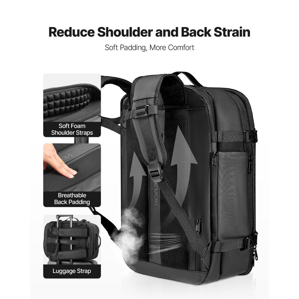 VEVOR Vakuum-Reiserucksack, 65 L, erweiterbarer Vakuum-Kompressions-Reiserucksack mit Pumpe, mit TSA-zugelassenem Schloss, USB-Ladeanschluss, wasserabweisendes Handgepäck, für Business, Grau